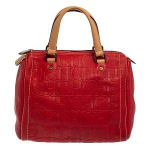 Pre Owned Carolina Herrera Red/Beige Monogram Embossed Leather Andy Boston Bag
