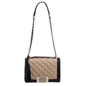 Pre Owned Carolina Herrera Beige/Black Quilted Leather Flap Shoulder Bag