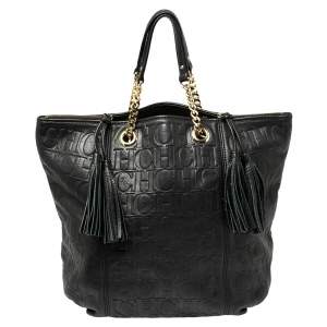Pre Owned Carolina Herrera Black Monogram Leather Tassel Tote 