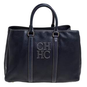 Pre Owned Carolina Herrera Navy Blue Pebbled Leather Large Matteo Tote