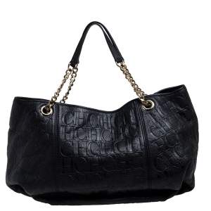 Pre Owned Carolina Herrera Black Monogram Leather Chain Hobo