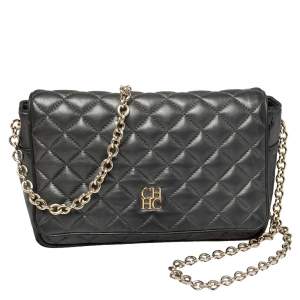 Pre Owned Carolina Herrera Dark Grey Quilted Leather Flap Chain Bag