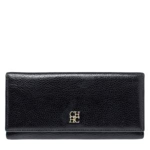 Pre Owned Carolina Herrera Black Leather Flap Continental Wallet