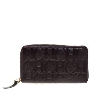 Carolina Herrera Brown Monogram Leather Zip Around Wallet