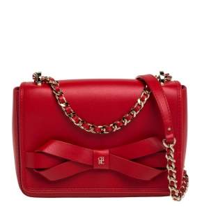 Pre Owned Carolina Herrera Red Leather Bow Flap Shoulder Bag