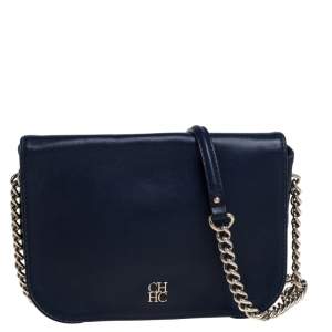 Pre Owned Carolina Herrera Navy Blue Leather Flap Chain Shoulder Bag