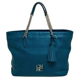 Pre Owned Carolina Herrera Dark Green Leather Tassel Zip Tote