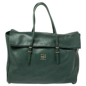 Pre Owned Carolina Herrera Green Leather Flap Tote