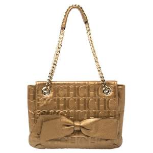 Pre Owned Carolina Herrera Gold Monogram Leather Audrey Shoulder Bag