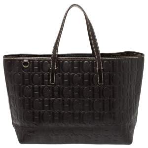 Pre Owned Carolina Herrera Dark Brown Monogram Embossed Leather Shopper Tote