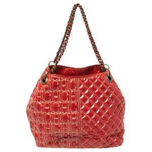 Pre Owned Carolina Herrera Red Quilted Monogram Coated Canvas Chain Tote
