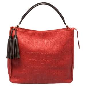 Pre Owned Carolina Herrera Red Monogram Embossed Leather Tassel Hobo