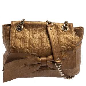 Pre Owned Carolina Herrera Gold Monogram Leather Audrey Shoulder Bag