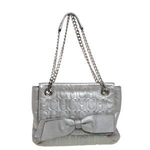 Pre Owned Carolina Herrera Silver Monogram Leather Audrey Shoulder Bag
