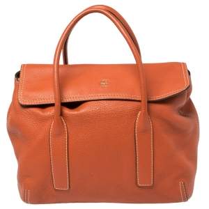 Pre Owned Carolina Herrera Burnt Orange Grained Leather Flap Tote