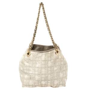 Pre Owned Carolina Herrera White/Grey Shimmer Monogram Fabric and Leather Chain Tote