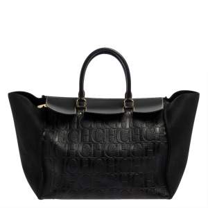 Pre Owned Carolina Herrera Black Monogram Embossed Leather Vendome Tote