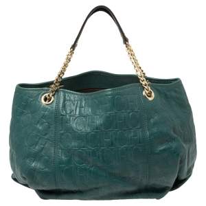 Pre Owned Carolina Herrera Green Monogram Leather Chain Hobo