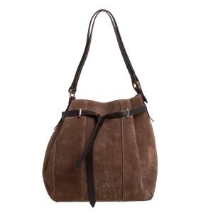 Pre Owned Carolina Herrera Brown Embossed Suede and Leather Bow Bucket Bag