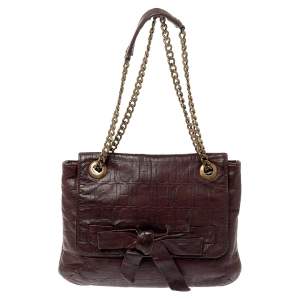 Pre Owned Carolina Herrera Dark Brown Monogram Embossed Leather Bow Flap Shoulder Bag