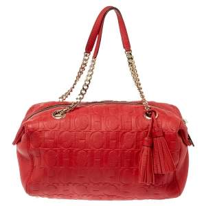 Pre Owned Carolina Herrera Red Embossed Leather Tassel Satchel