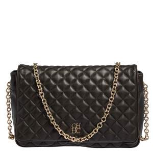 Pre Owned Carolina Herrera Deep Green Quilted Leather Flap Chain Shoulder Bag