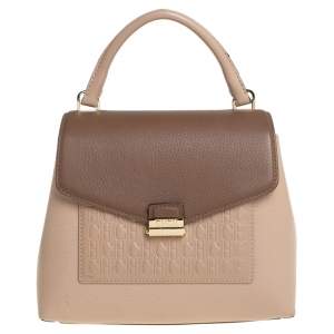 Carolina Herrera Beige/Brown Monogram Embossed Leather Top Handle Bag