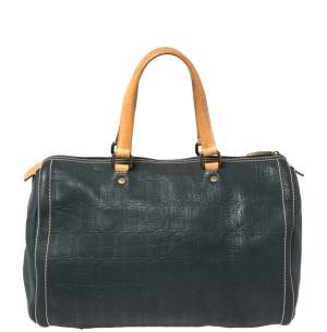 Pre Owned Carolina Herrera Navy Blue Monogram Leather Large Andy Boston Bag