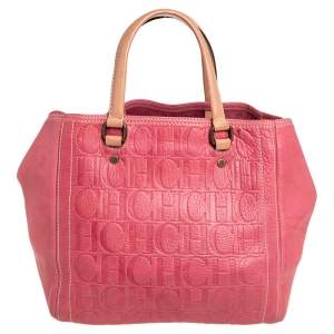 Pre Owned Carolina Herrera Pink Monogram Leather Tote 