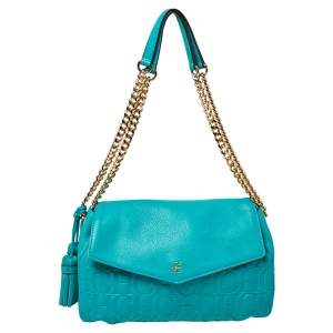 Pre Owned Carolina Herrera Turquoise Monogram Leather Flap Shoulder Bag