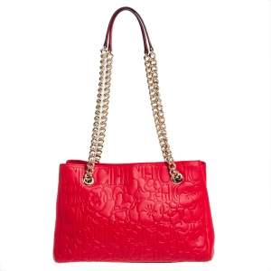 Pre Owned Carolina Herrera Red Embossed Leather Chain Tote