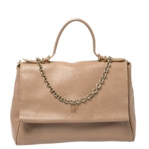 Carolina Herrera Beige Leather Minuetto Flap Top Handle Bag