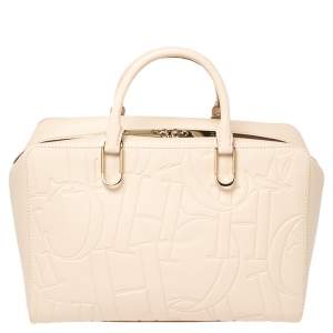 Pre Owned Carolina Herrera Ivory Embossed Leather Duke Satchel