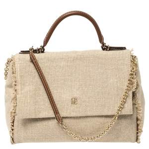 Carolina Herrera Beige Canvas Minuetto Flap Top Handle Bag