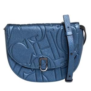 Pre Owned Carolina Herrera Metallic Blue Monogram Leather Crossbody Bag