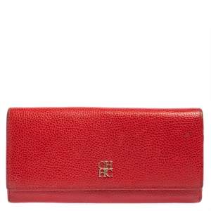 Pre Owned Carolina Herrera Red Leather Flap Continental Wallet