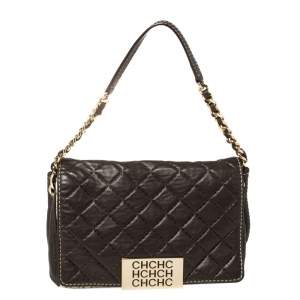 Pre Owned Carolina Herrera Brown/Beige Monogram Leather and Canvas Flap Shoulder Bag