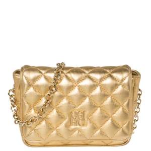 Pre Owned Carolina Herrera Gold Quilted  Leather Flap Chain Crossbody Bag