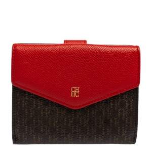 Pre Owned Carolina Herrera Red/Brown Monogram Coated Canvas and Leather Flap Compact Wallet