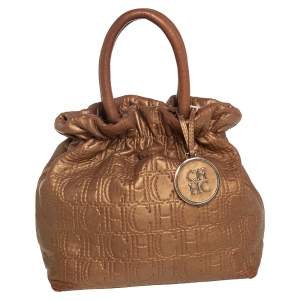 Pre Owned Carolina Herrera Metallic Gold Monogram Leather Bucket Bag