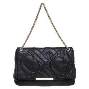 Pre Owned Carolina Herrera Black Embossed Leather Flap Chain Shoulder Bag