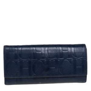 Pre Owned Carolina Herrera Blue Monogram Leather Continental Wallet