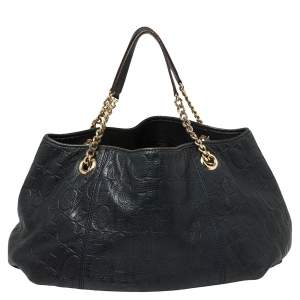 Pre Owned Carolina Herrera Navy Blue Monogram Embossed Leather Chain Shoulder Bag