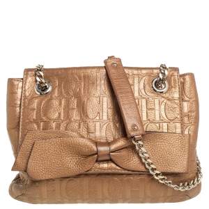 Carolina Herrera Metallic Beige Monogram Leather Audrey Shoulder Bag 
