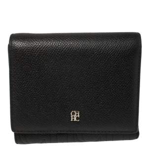 Pre Owned Carolina Herrera Black Leather Trifold Wallet