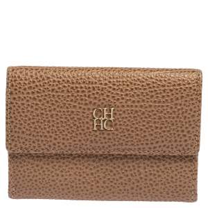 Pre Owned Carolina Herrera Beige Grained Leather Compact Wallet