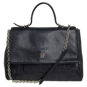 Carolina Herrera Black Embossed Leather Minuetto Flap Top Handle Bag