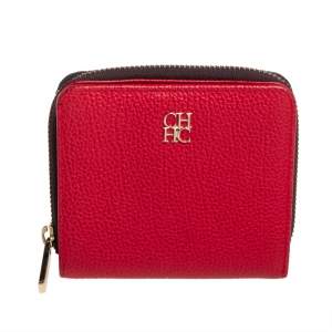 Pre Owned Carolina Herrera Red Leather Zip Around Wallet