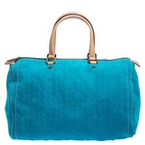 Pre Owned Carolina Herrera Turquoise Monogram Suede and Leather Large Andy Boston Bag