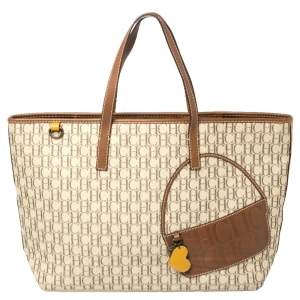 Pre Owned Carolina Herrera Beige/Brown Monogram Coated Canvas and Leather Charm Tote